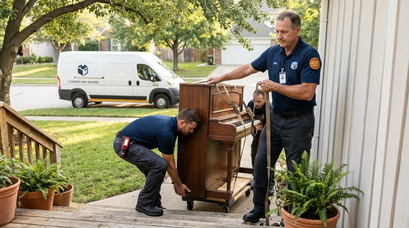 Licensed piano movers securing grand piano in Jamaica, NY