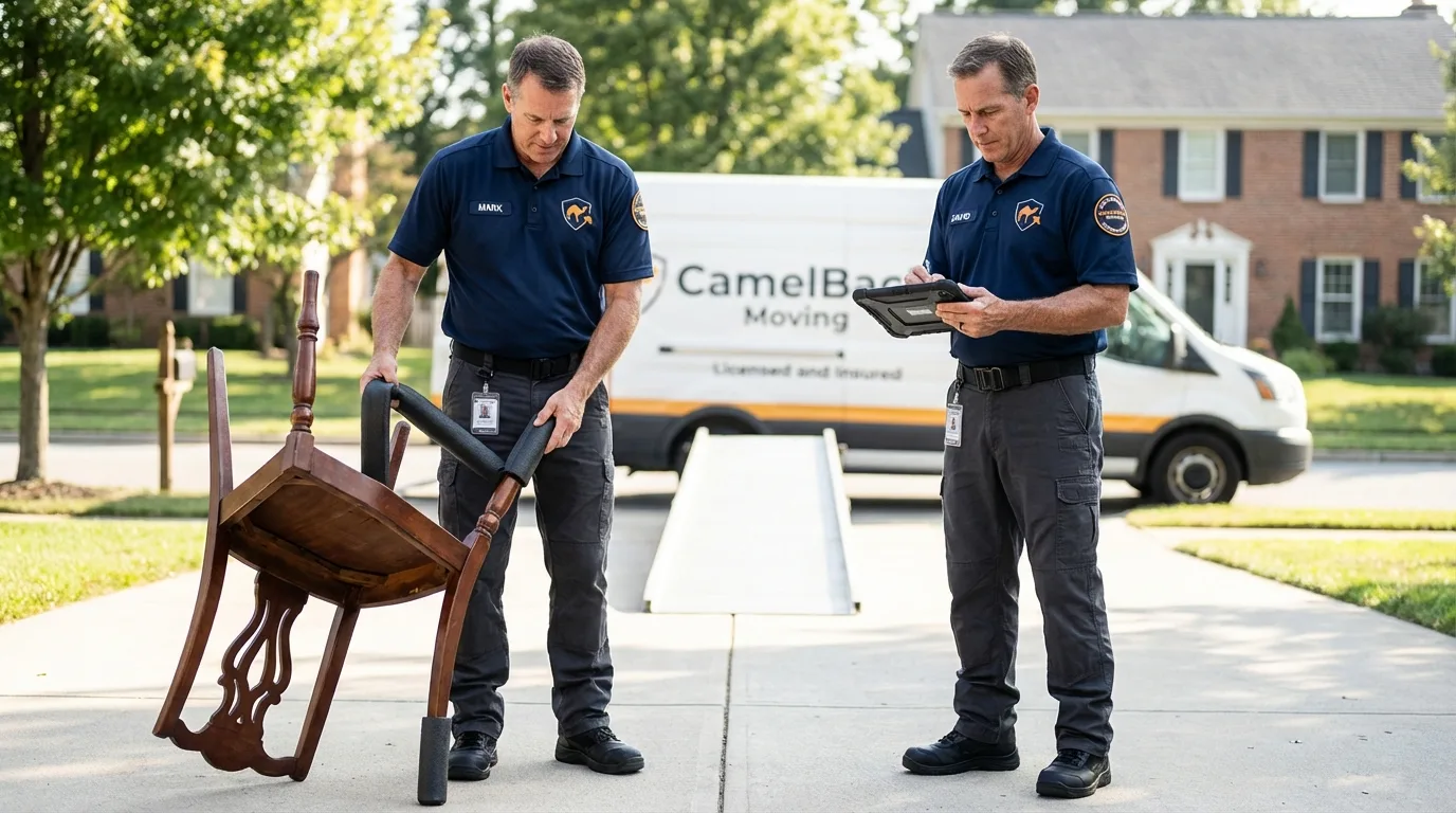Movers inspecting furniture for damage prevention before loading in Jamaica, NY
