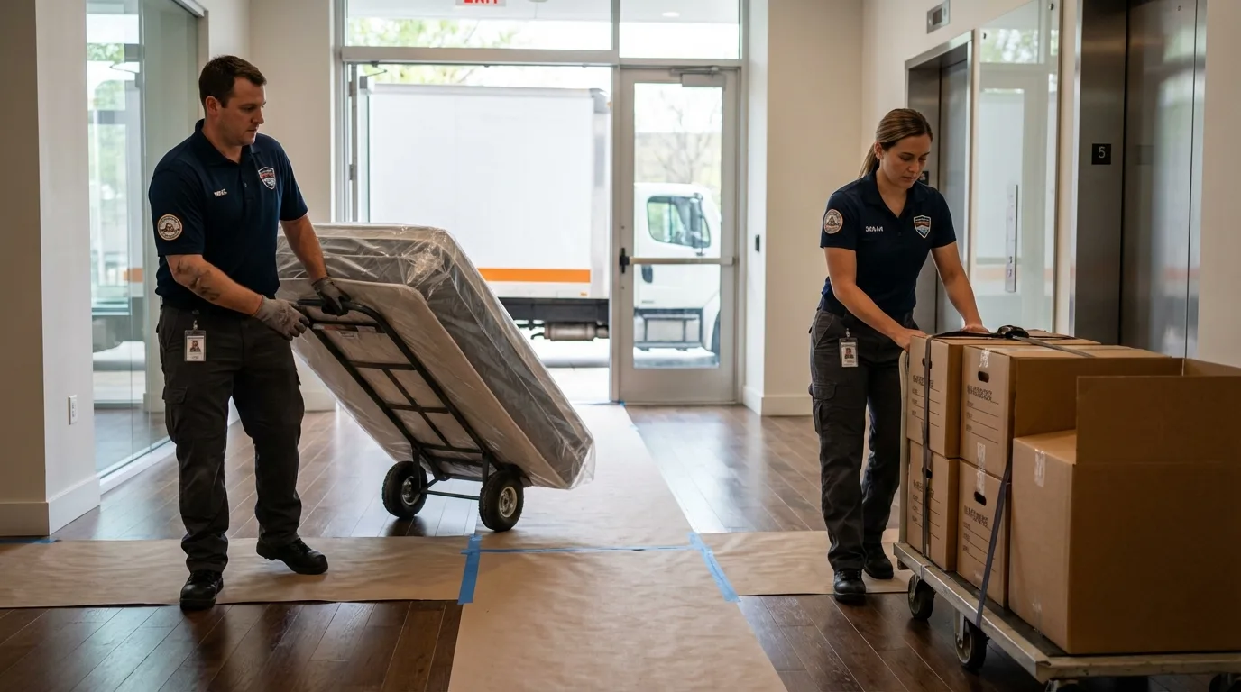 Professional apartment movers loading elevator in Jamaica, NY